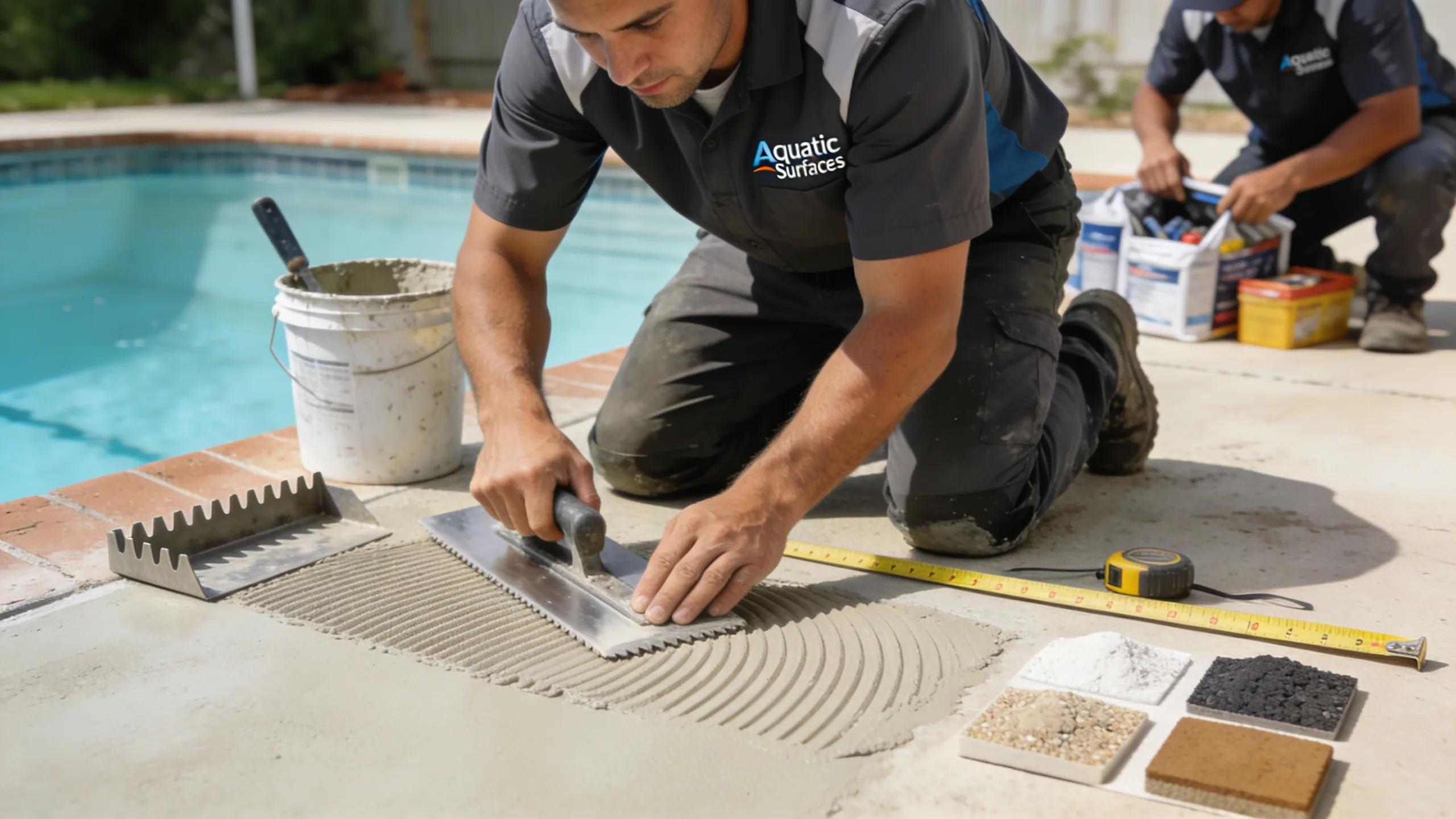 Expert technician performing hand-laid resurfacing on a concrete pool, emphasizing Aquatic Surfaces FL's quality workmanship