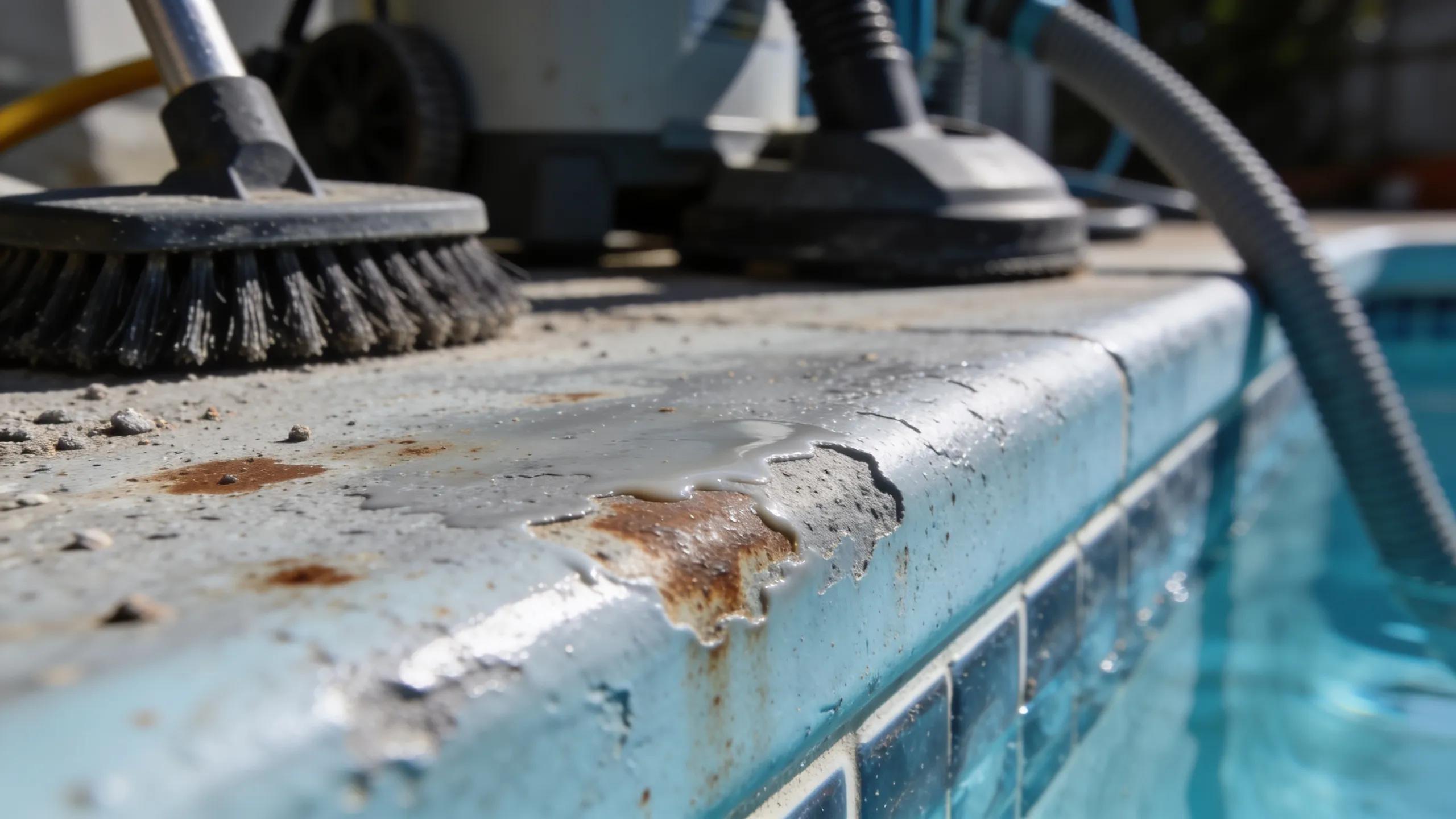 Close-up of a worn fiberglass pool surface revealing rough texture and stains