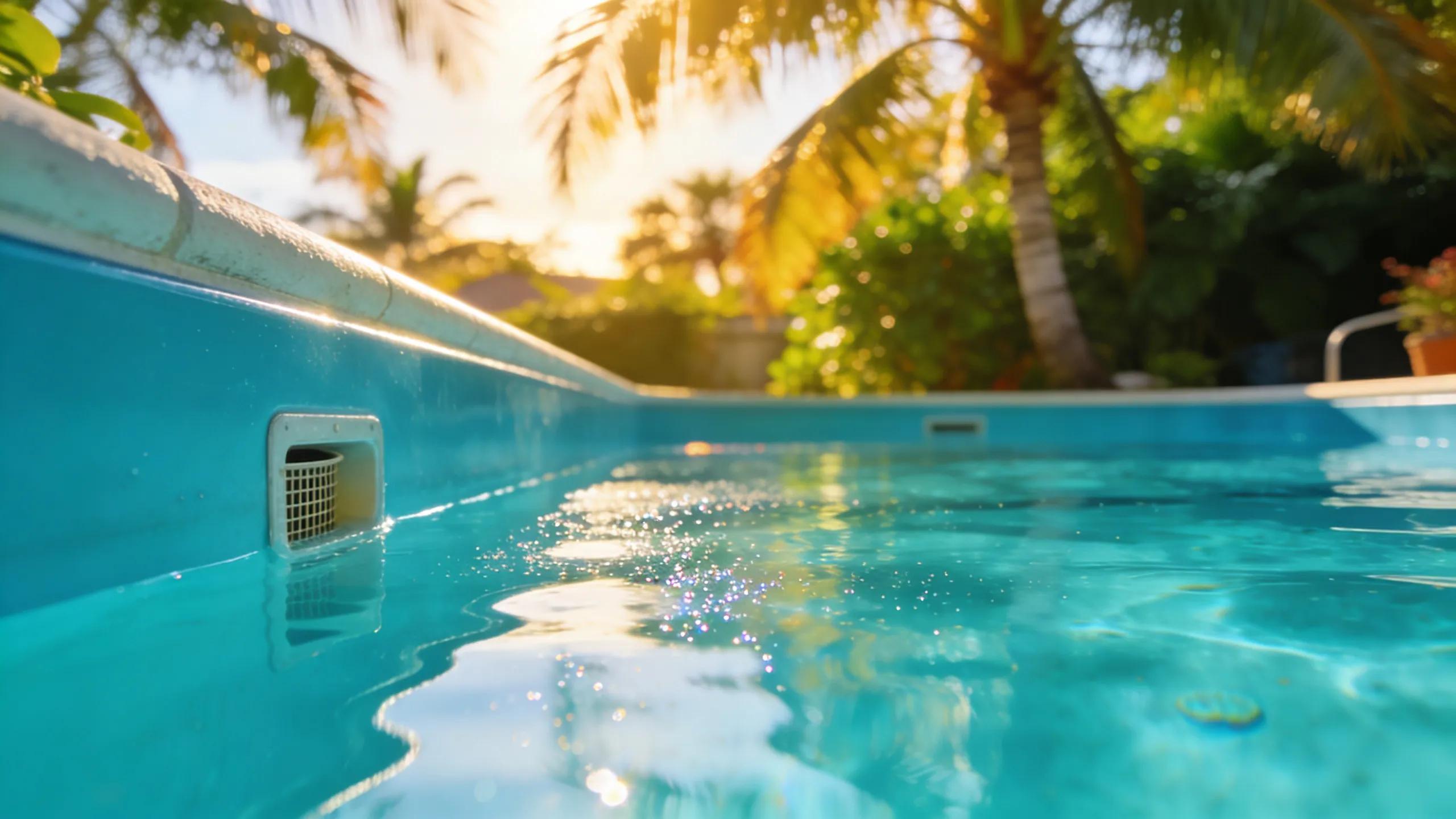 Close-up view of a fiberglass pool highlighting its smooth surface and vibrant color in a tropical backyard