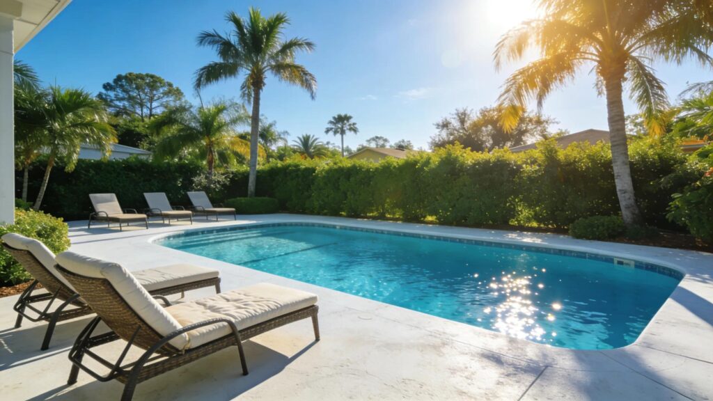 Gorgeous fiberglass pool in a Tampa backyard surrounded by greenery, emphasizing non-porous surface benefits