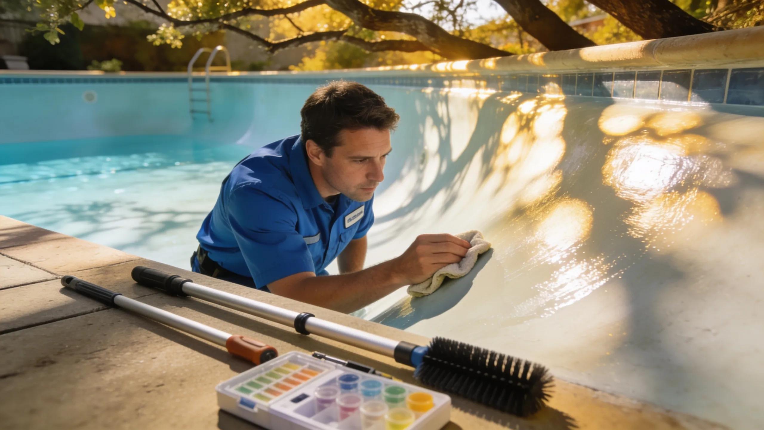 Pool technician inspecting fiberglass surface, demonstrating durability and maintenance ease