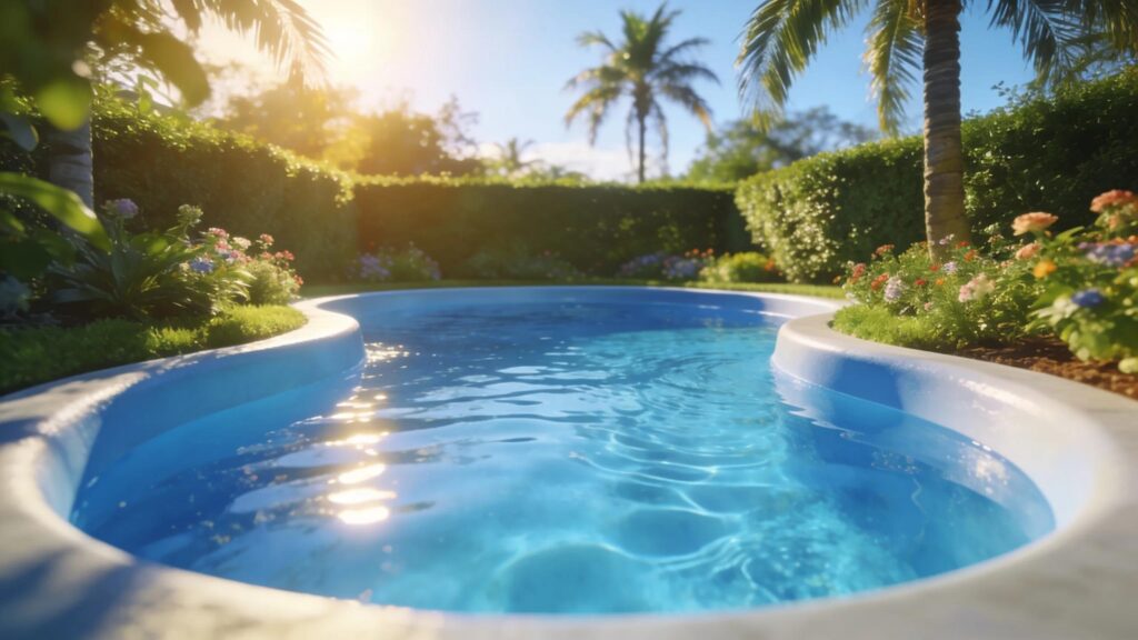 Beautiful fiberglass pool highlighting smooth surface and vibrant blue water surrounded by greenery