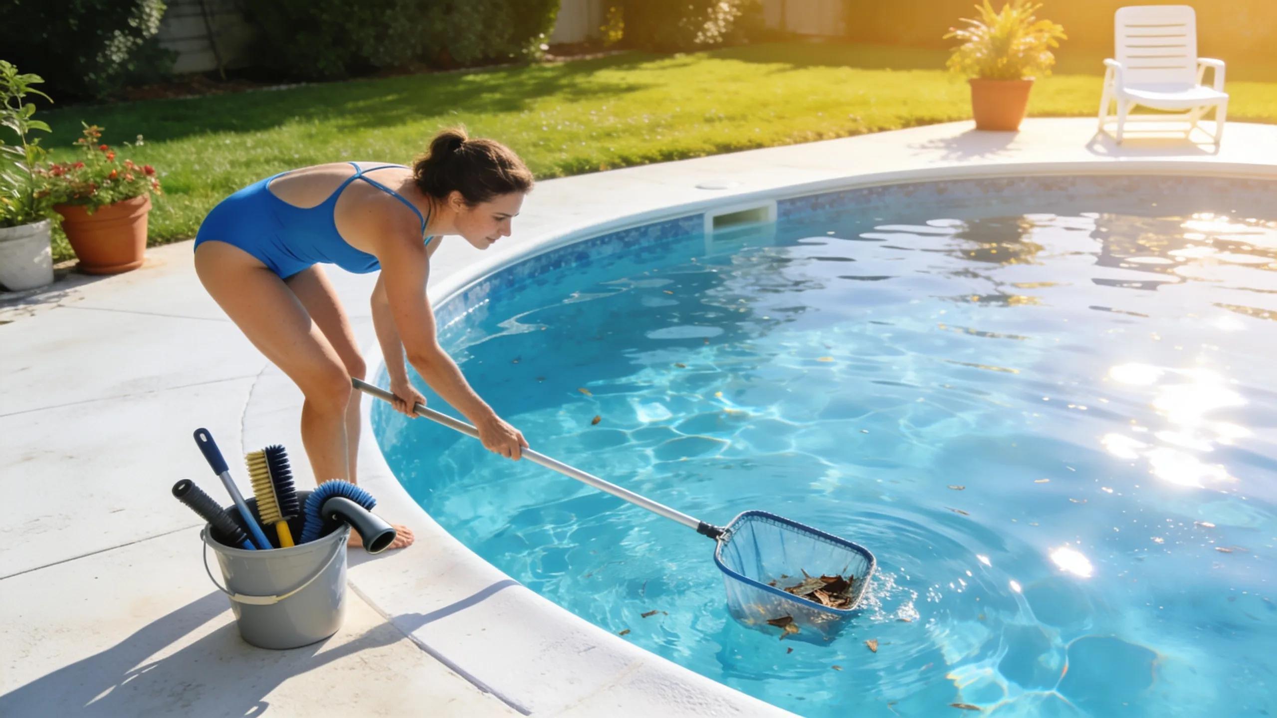 Homeowner cleaning a fiberglass pool with net and cleaning tools