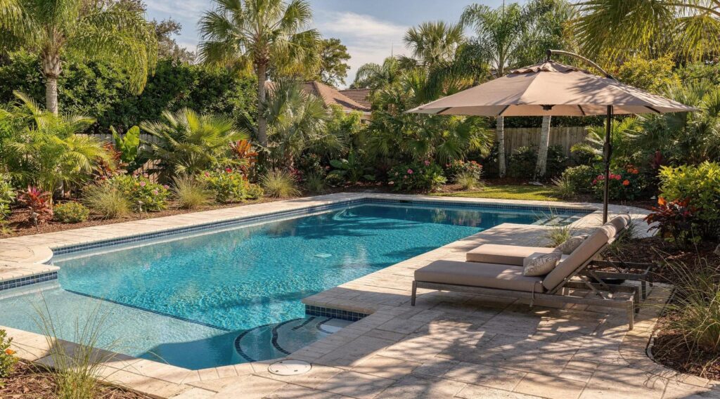 Stunning resurfaced fiberglass pool with clear blue water in a tropical garden setting, highlighting durability and aesthetic appeal