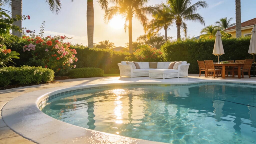 Newly refinished fiberglass pool in a sunny Florida backyard, emphasizing glossy surface and inviting outdoor atmosphere