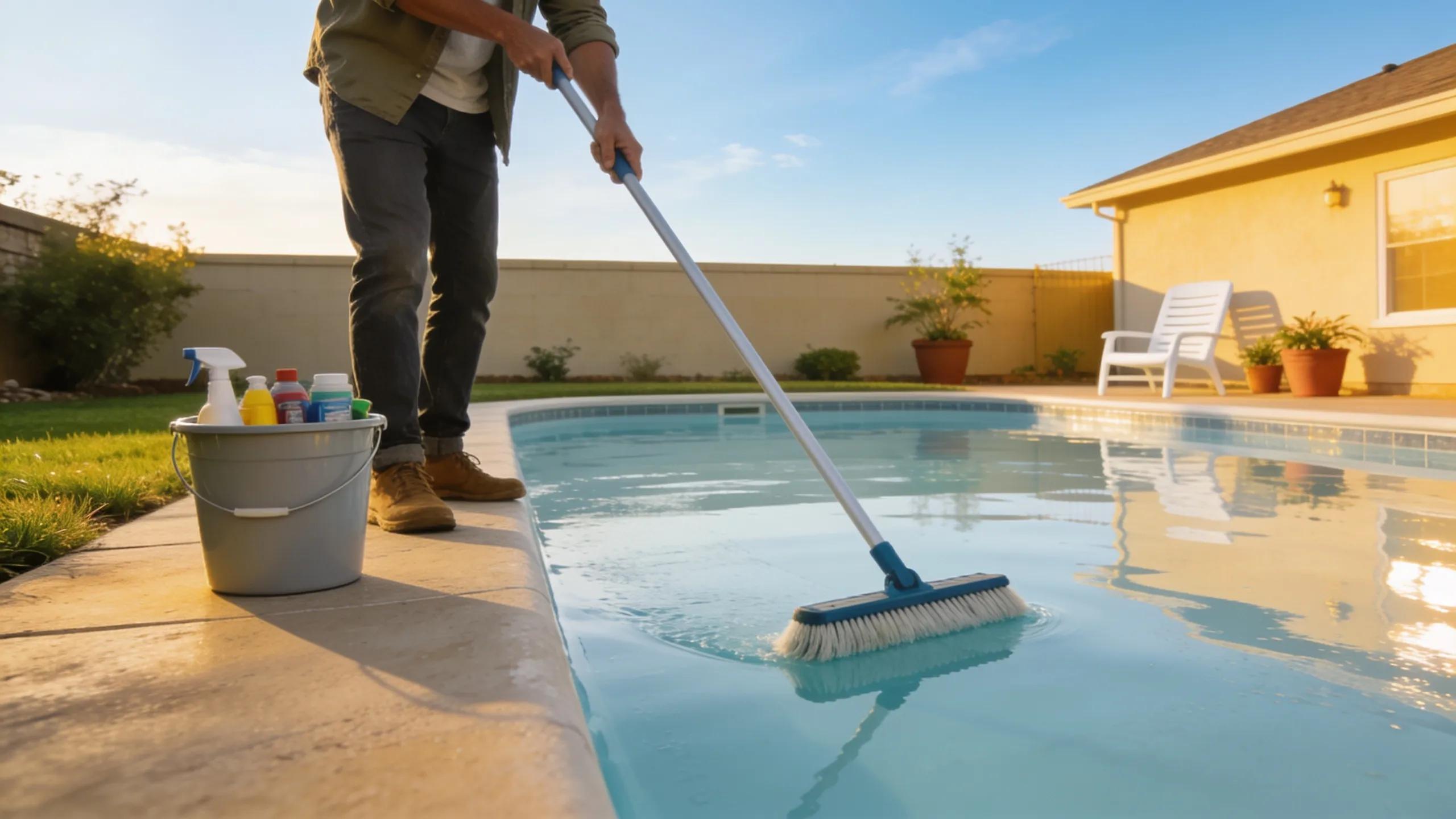 Homeowner maintaining fiberglass pool by brushing the surface in a bright, sunny environment