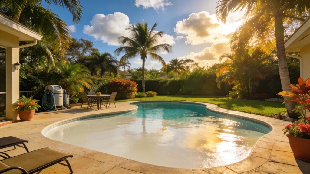 Fiberglass pool with lush surroundings highlighting the importance of resurfacing for Florida homeowners