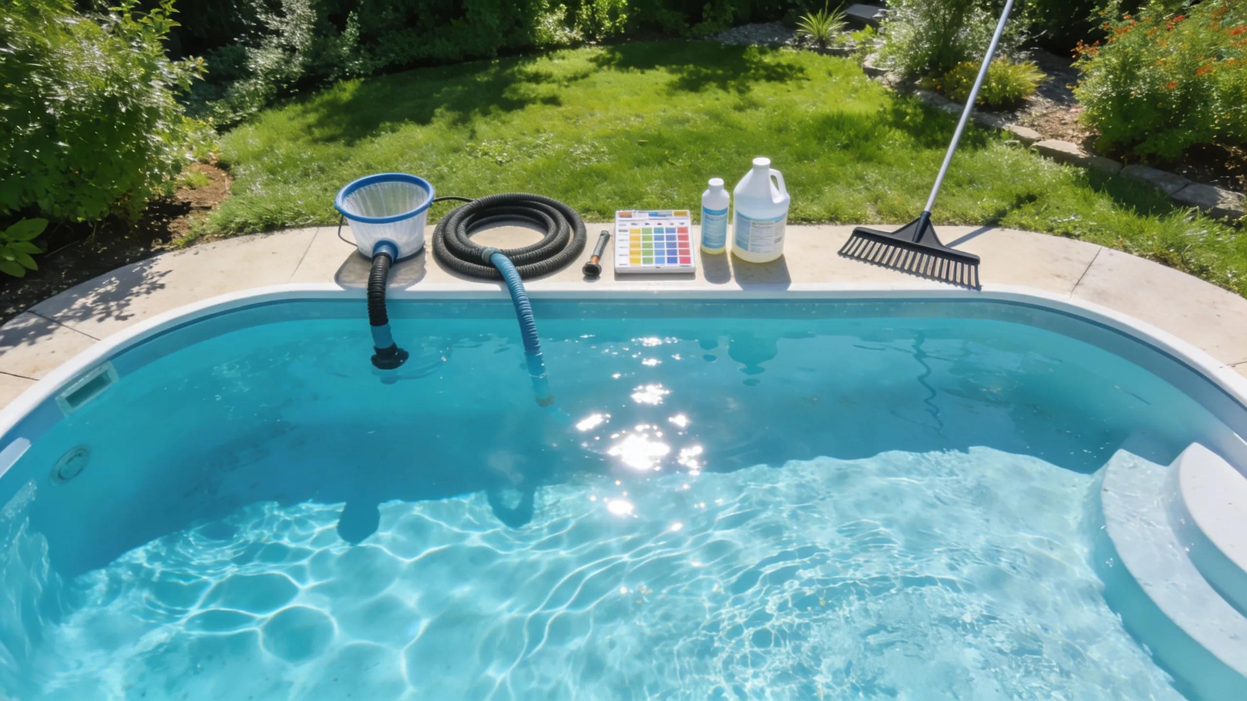 Pristine fiberglass pool with clear water and maintenance equipment, emphasizing effective upkeep practices for lasting enjoyment