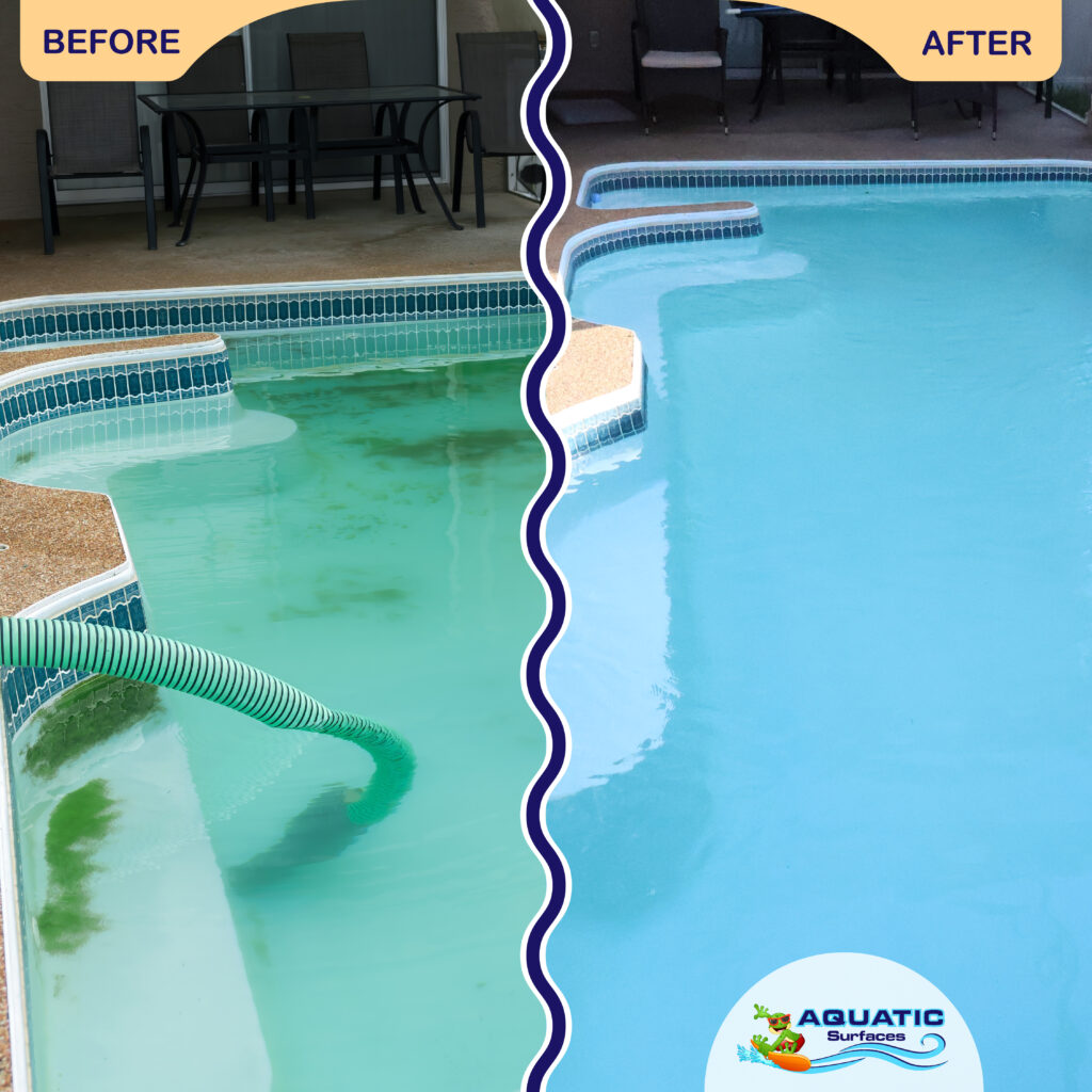 Before and after comparison of a pool, showing algae and murky water on the left, and a clean, clear blue surface on the right, featuring the Aquatic Surfaces logo, emphasizing the benefits of fiberglass resurfacing for improved pool maintenance and aesthetics.