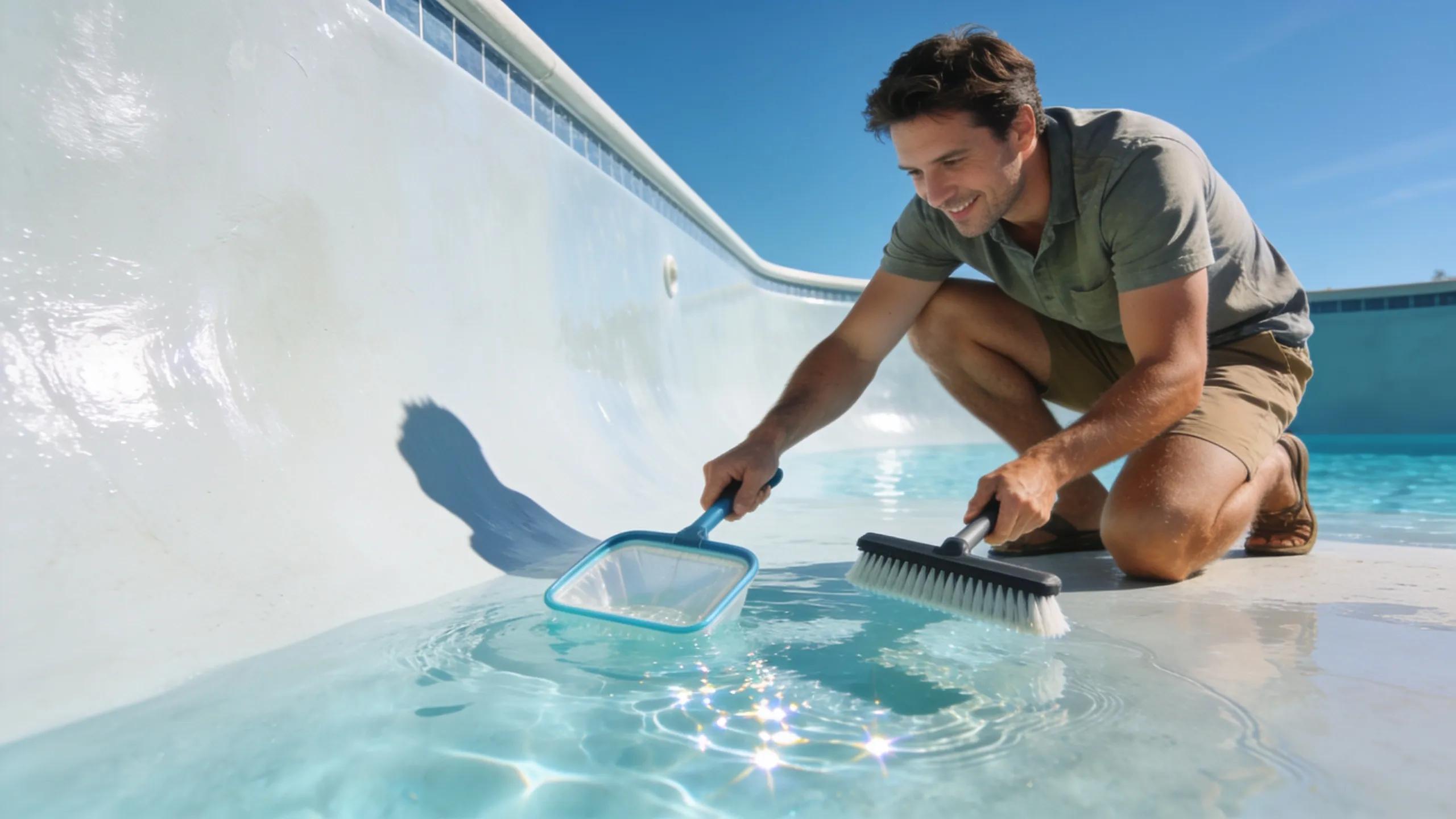 Homeowner inspecting a freshly resurfaced fiberglass pool under a sunny sky