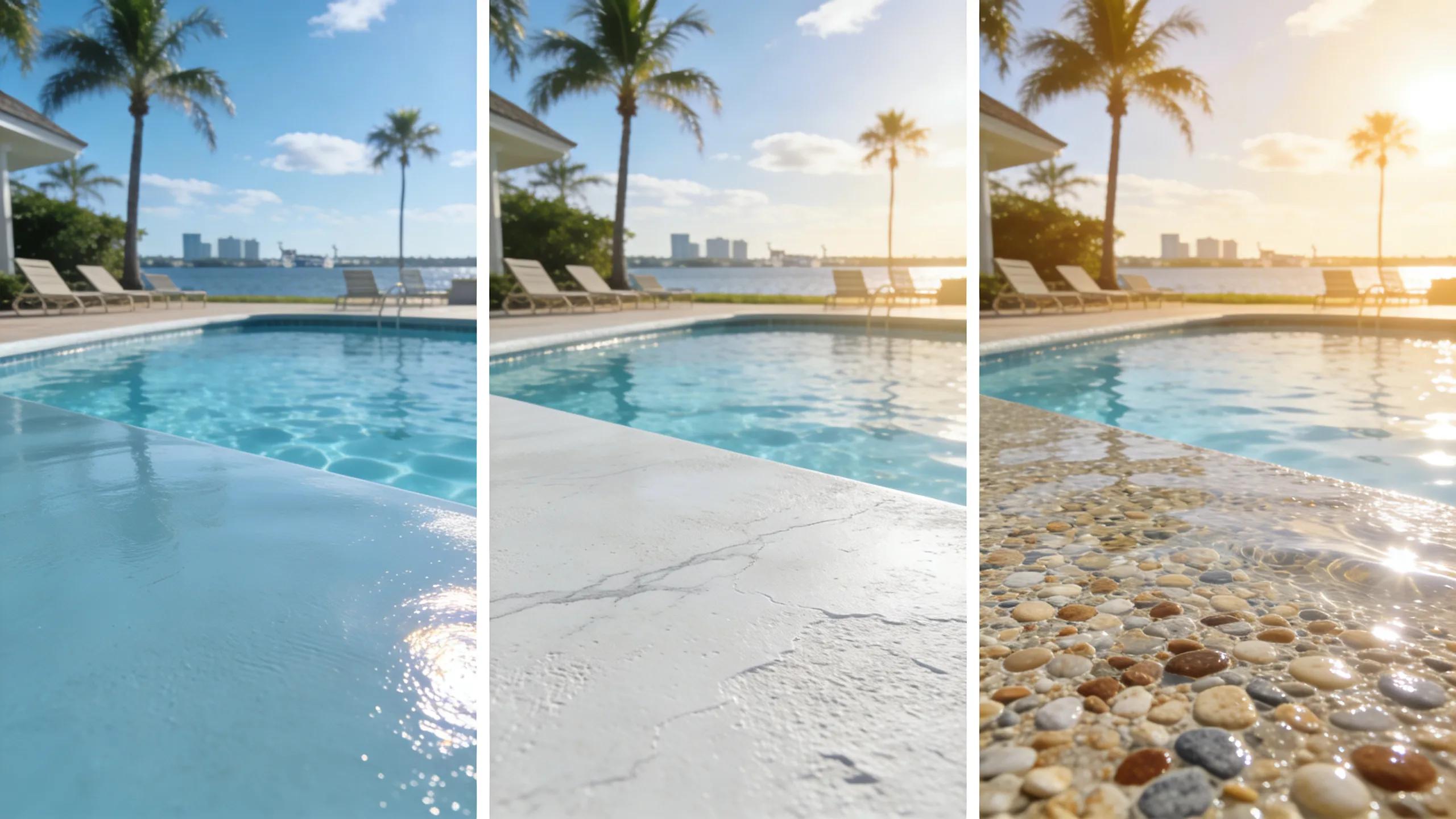 Comparative view of fiberglass, plaster, and pebble finish materials for pool resurfacing in Florida