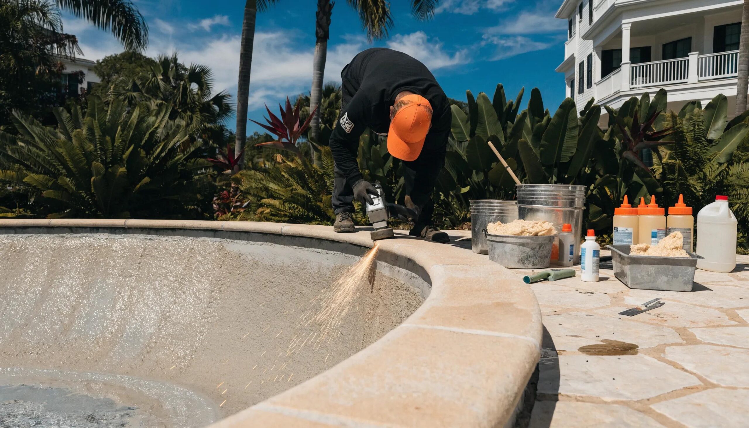 Professional technician performing hand-laid fiberglass resurfacing on a residential pool, showcasing the process's quality and expertise