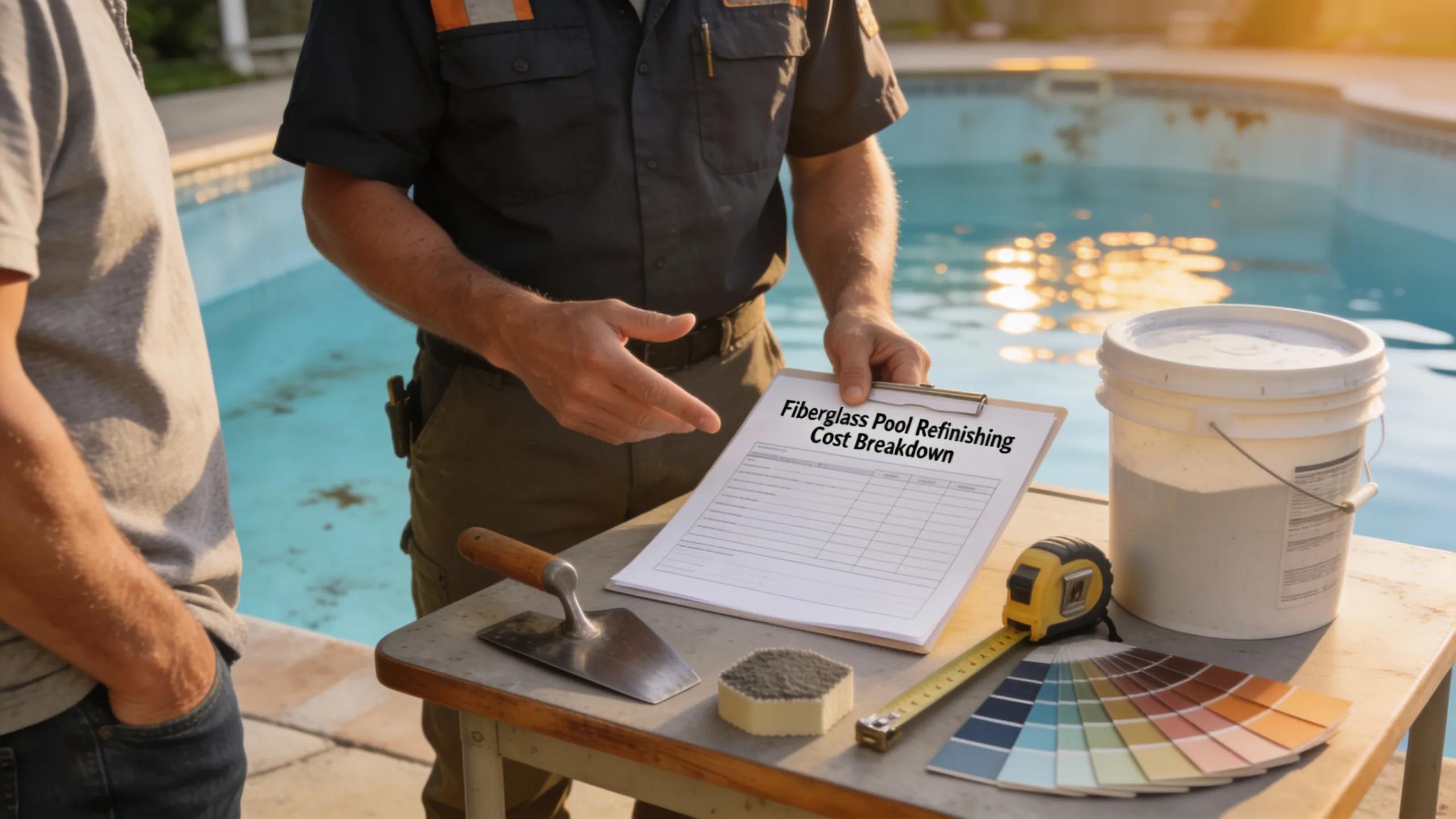 Homeowner consulting with a contractor about fiberglass pool refinishing costs in a poolside setting