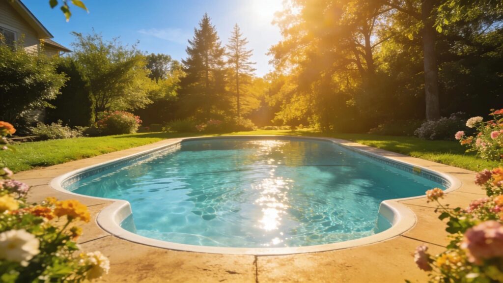 Pristine fiberglass pool reflecting sunlight, surrounded by lush greenery